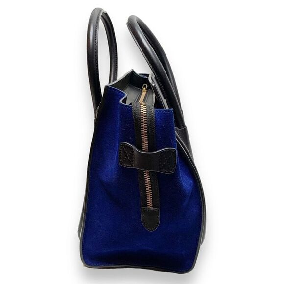 CELINE Tri-Color, Tan Calfskin Leather, Blue Suede, Black Trim Luggage Tote Bag - Picture 3 of 17